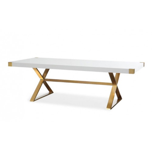 Glam White Lacquer Top Brushed Gold Base Dining Table