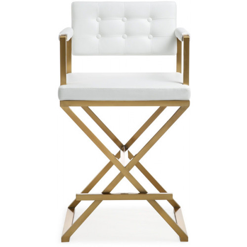Gold Metal White Faux Leather Directors Counter or Bar Stool 