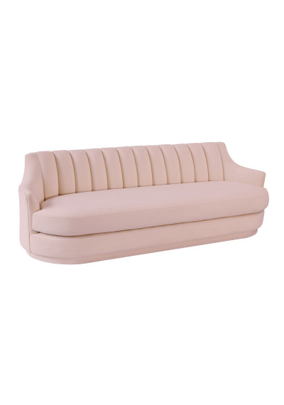 Blush Soft Pink Velvet Channel Tufted Back Curved Side Sofa 