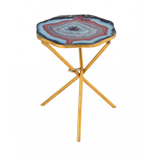 Blue Agate Top Gold Edgy Tripod Legs Accent Table
