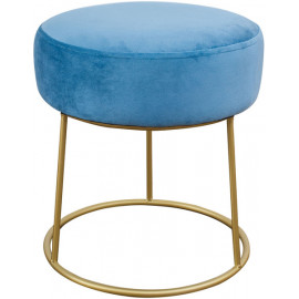 Blue Velvet Round Gold Pedestal Ottoman Footstool 