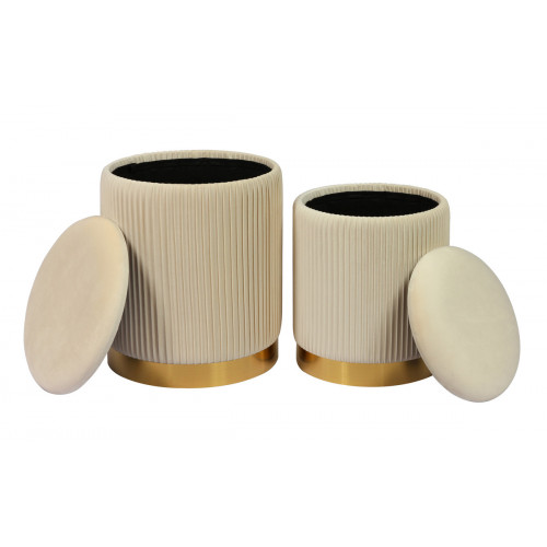 Cream Round Pleated Velvet Storage Ottoman Footstool Set of 2
