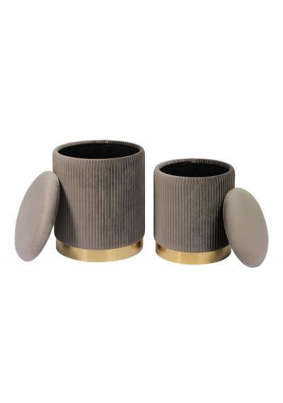 Grey Round Pleated Velvet Storage Ottoman Footstool Set of 2