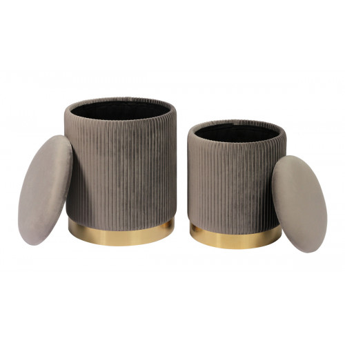 Grey Round Pleated Velvet Storage Ottoman Footstool Set of 2