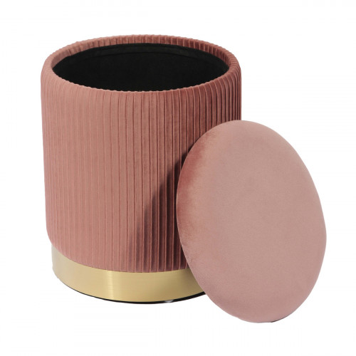 Blush Pink Velvet Pleated Ribbed Round Storage Footstool Ottoman Gold Base