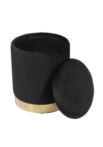 Black Velvet Pleated Ribbed Round Storage Footstool Ottoman Gold Base