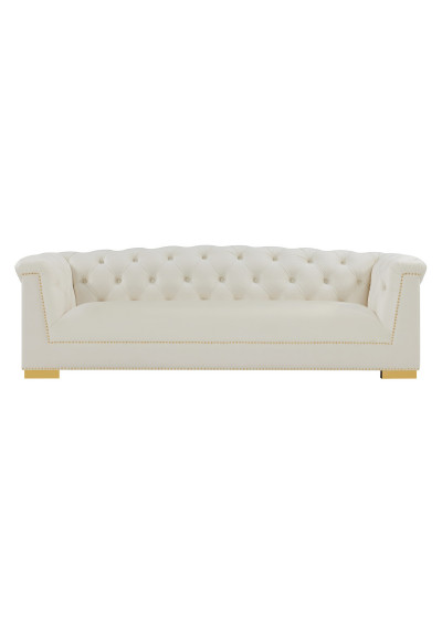 Cream Velvet Tufted Rolled Arm Gold Accents Sofa