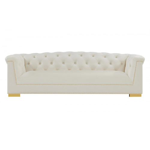 Cream Velvet Tufted Rolled Arm Gold Accents Sofa