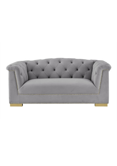 Grey Velvet Tufted Rolled Arm Gold Accents Loveseat