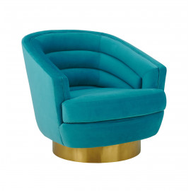 Teal Blue Velvet Piped Stitched Channel Tufted Modern Gold Base Swivel Chair