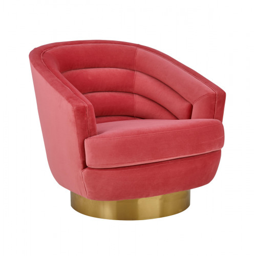 Hot Pink Velvet Piped Stitched Channel Tufted Modern Gold Base Swivel Chair