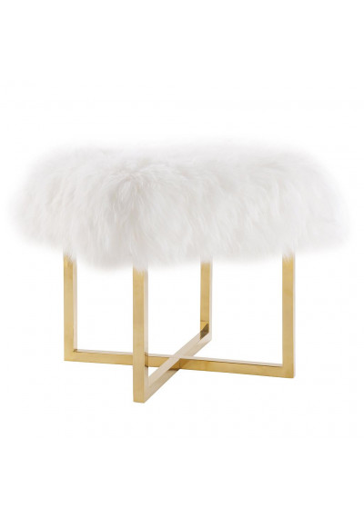 Fluffy White Sheepskin Footstool Bench Gold Legs 