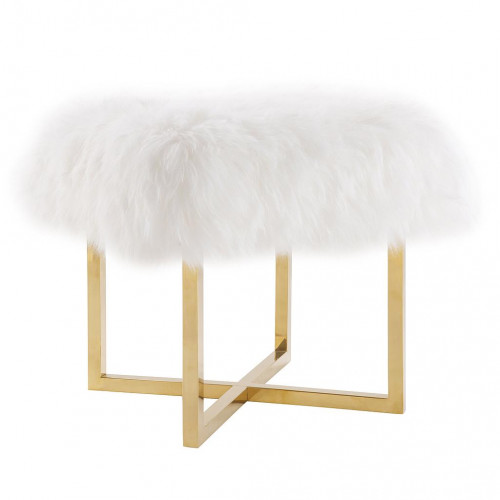 Fluffy White Sheepskin Footstool Bench Gold Legs 