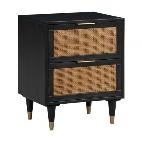 Black Wood Rattan Cane Accent Table Night Stand