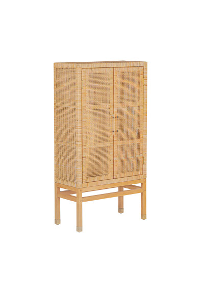 Natural Wood and Woven Rattan Tall Cabinet