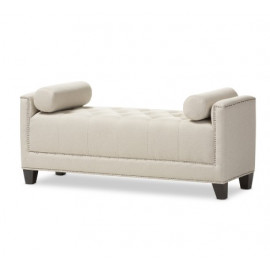 Light Beige Linen Fabric Tufted Silver Studded Bench
