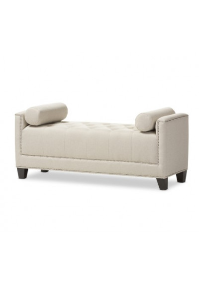 Light Beige Linen Fabric Tufted Silver Studded Bench