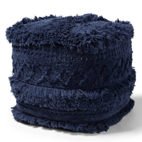 Navy Blue Shaggy Handwoven Square Pouf Footstool 