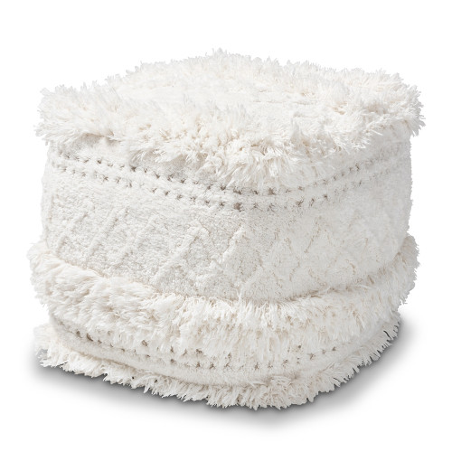 Ivory Shaggy Handwoven Geometric Design Square Pouf Footstool