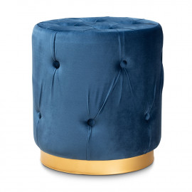 Blue Velvet Tufted Round Footstool Ottoman Gold Base