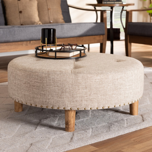 Round Tan Tufted Fabric Ottoman Cocktail Table 