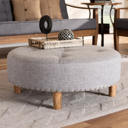 Round Light Grey Tufted Fabric Ottoman Cocktail Table 
