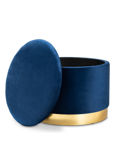 Blue Velvet Round Storage Footstool Ottoman Gold Base