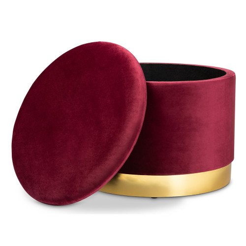 Red Burgundy Velvet Round Storage Footstool Ottoman Gold Base