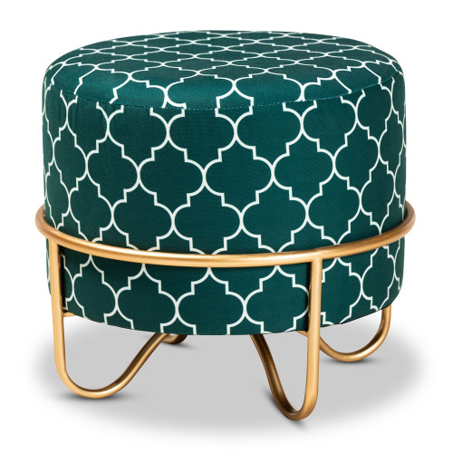 Green Velvet White Quatrefoil Design Round Footstool Ottoman Gold Base
