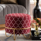 Red Burgundy Velvet White Quatrefoil Design Round Footstool Ottoman Gold Base