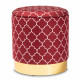 Red Burgundy Velvet White Quatrefoil Design Round Storage Footstool Ottoman Gold Base