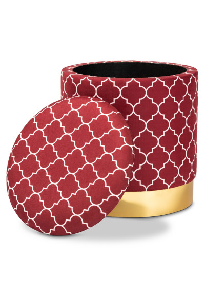 Red Burgundy Velvet White Quatrefoil Design Round Storage Footstool Ottoman Gold Base