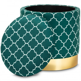 Green Velvet White Quatrefoil Design Round Storage Footstool Ottoman Gold Base
