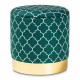 Green Velvet White Quatrefoil Design Round Storage Footstool Ottoman Gold Base