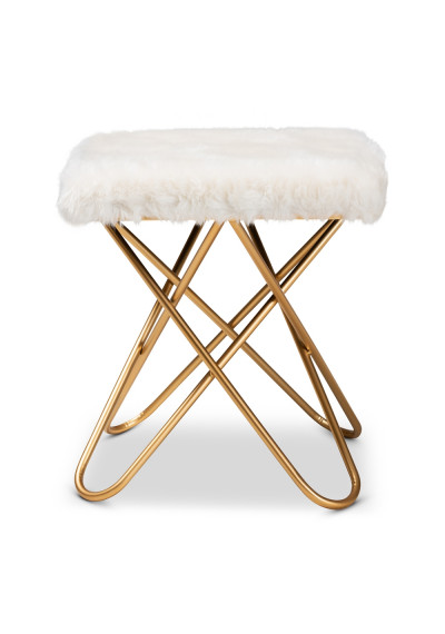 White Faux Fur Furry Top Footstool Ottoman Gold Paperclip  Base