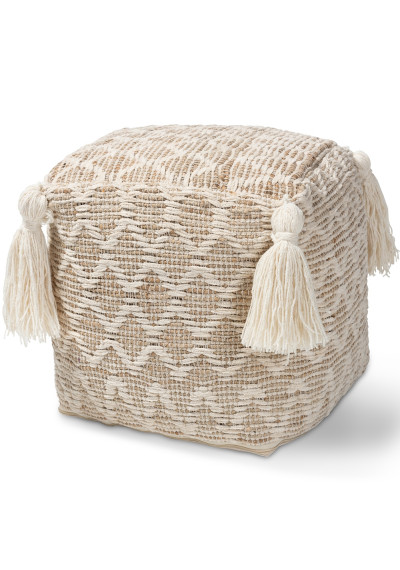 Beige & Ivory Handwoven Square Pouf Footstool with Tassels