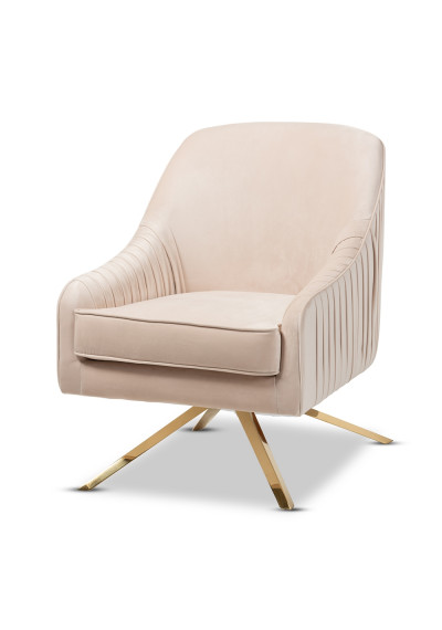 Light Beige Velvet Pleated Gold Leg Glam Lounge Chair