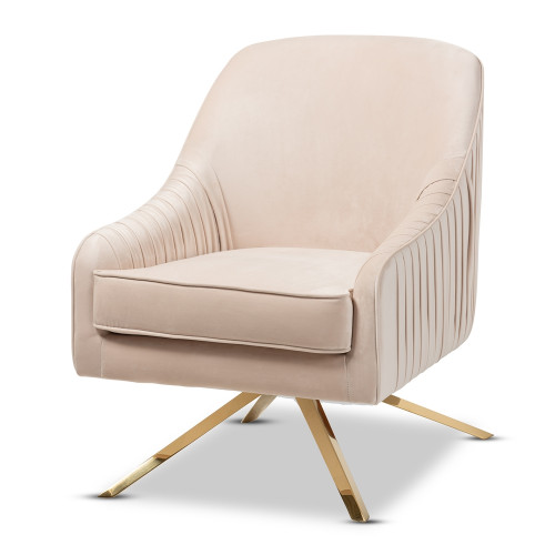 Light Beige Velvet Pleated Gold Leg Glam Lounge Chair