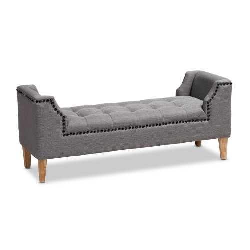 Grey Linen Fabric Black Studded Tufted Unique Bench