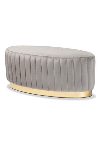 Grey Velvet Channel Tufted Oval Coffee Table Ottoman 