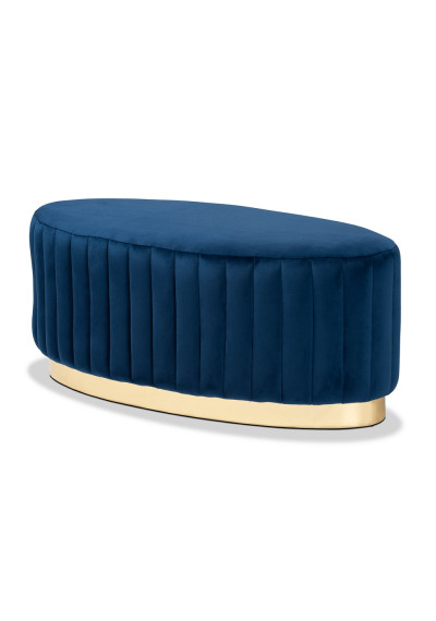 Blue Velvet Channel Tufted Oval Coffee Table Ottoman 