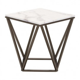 Square White Marble Geometric Dark Brass Base Accent Table
