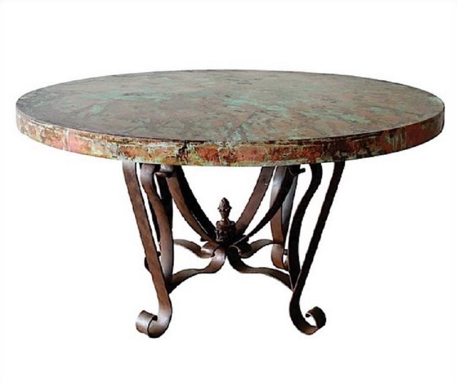 Designer Carved Turquoise Base Hammered, Hammered Copper Top Round Dining Table