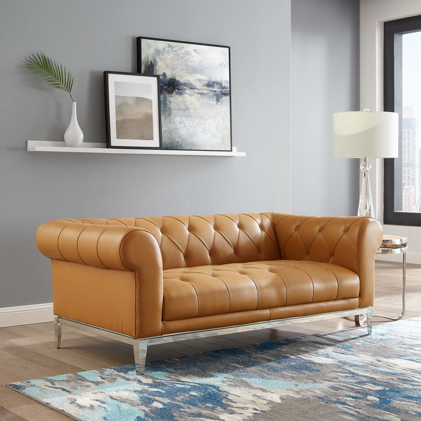 On Tufted Leather Upholstered Tan, Chesterfield Leather Loveseat